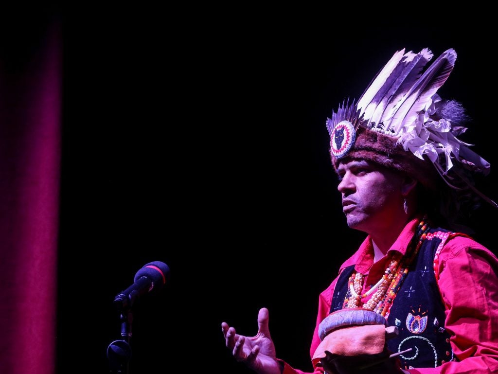 Wayahsti Richardson demonstrates traditional drum rhythms