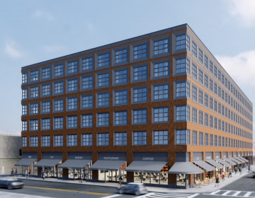 A rendering of Midwood's proposed Italian Market apartment building as soon from Washington Avenue and Ninth Street looking east. (BLT Architects)