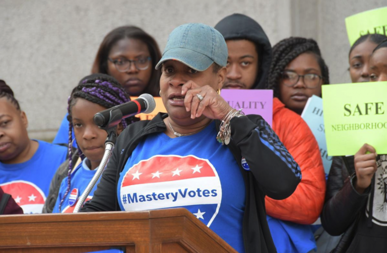 Mastery Charter Schools parent Pauline Hill tears up while discussing how her 9-year-old son was hit by a car in October. She is part of the Mastery Parent Action Team pushing for safer schools and more crossing guards in Philadelphia Neighborhoods. (Abdul R. Sulayman/The Philadelphia Tribune)