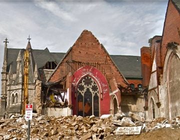 Permits have been filed to build apartments on the site of this partially demolished church. (Google Maps)