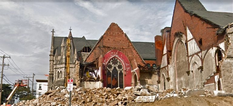 Permits have been filed to build apartments on the site of this partially demolished church. (Google Maps)