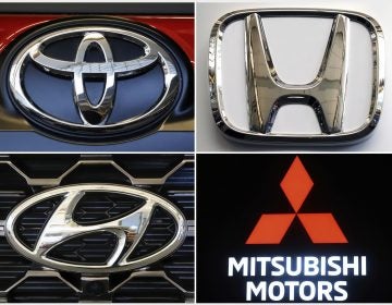 This combination of photos shows clockwise from top left the logos for Toyota, Honda, Kia, Fiat Chrysler, Mitsubishi and Hyundai. U.S. auto safety regulators have expanded an investigation into malfunctioning air bag controls to include 12.3 million vehicles because the bags may not inflate in a crash. (AP)