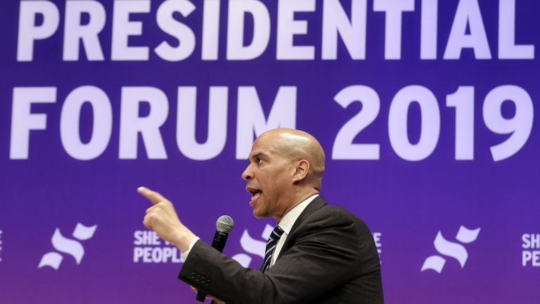 Sen. Cory Booker, D-N.J., answers questions during a presidential forum held by She The People in Houston on Wednesday.
(Michael Wyke/AP)