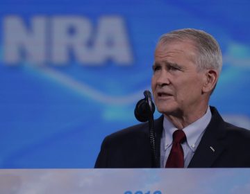 Oliver North speaks at the National Rifle Association Institute for Legislative Action Leadership Forum at Lucas Oil Stadium in Indianapolis on April 26, 2019. (Michael Conroy/AP)