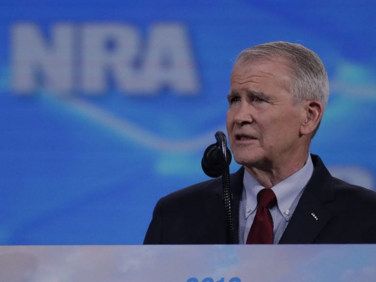 Oliver North speaks at the National Rifle Association Institute for Legislative Action Leadership Forum at Lucas Oil Stadium in Indianapolis on April 26, 2019. (Michael Conroy/AP)