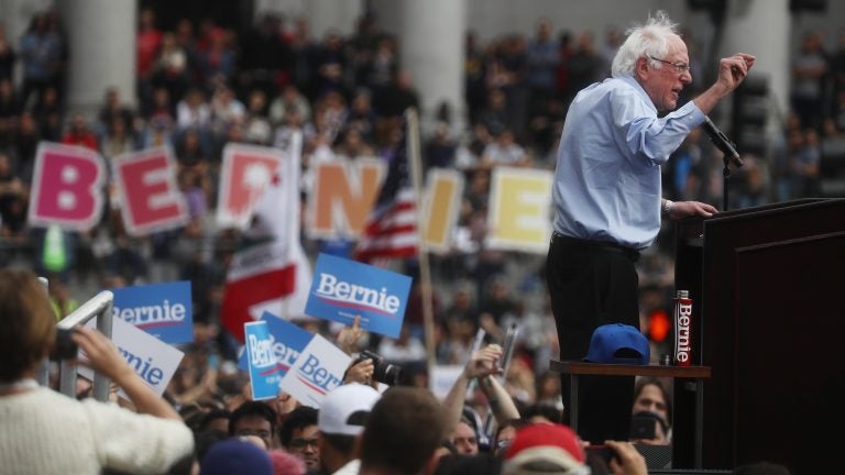 Democratic presidential candidate Sen. Bernie Sanders, I-Vt., speaks at a campaign rally in Los Angeles on March 23. His campaign reported on Tuesday that it raised $18.2 million through the end of the first quarter of the year. (Mario Tama/Getty Images)