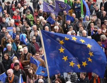 Pro-European Union demonstrators march in Berlin on March 31. (Adam Berry/Getty Images)