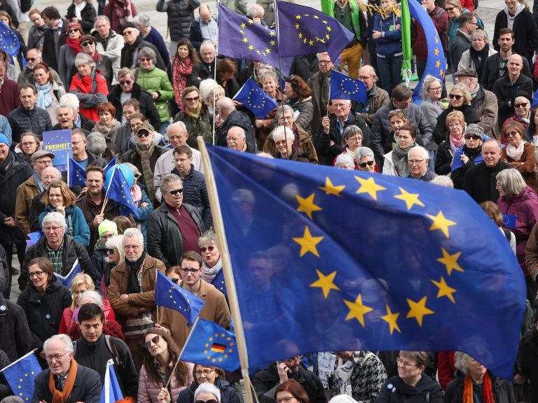 Pro-European Union demonstrators march in Berlin on March 31. (Adam Berry/Getty Images)
