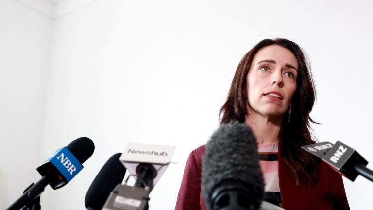 New Zealand Prime Minister Jacinda Ardern speaks to reporters at a news conference on Wednesday. She announced New Zealand and France will lead a global effort to end the use of social media as a tool to promote terrorism. (Phil Walter/Getty Images)