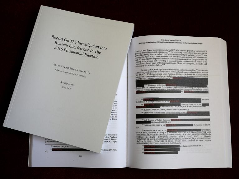 The redacted version of special counsel Robert Mueller's report on Russian interference is shown on April 24. Deputy Attorney General Rod Rosenstein called the report the 