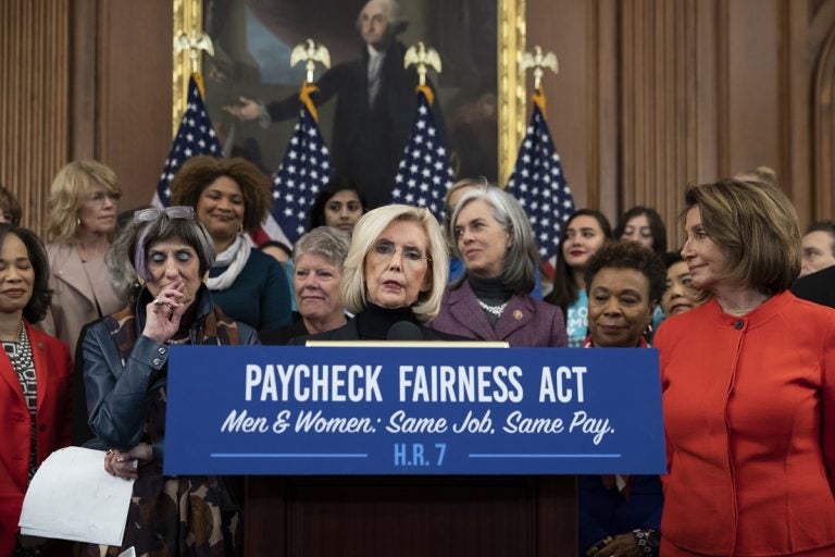 Lilly Ledbetter, center, an activist for workplace equality, speaks at an event to advocate for the Paycheck Fairness Act on the 10th anniversary of President Barack Obama signing the Lilly Ledbetter Fair Pay Act, at the Capitol in Washington, Wednesday, Jan. 30, 2019. (AP Photo/J. Scott Applewhite)