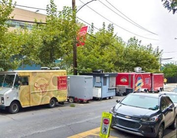 Food trucks lined up in their regular spots at Temple (Google Street View/Billy Penn) 