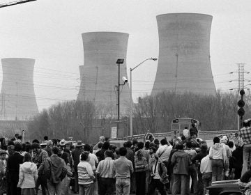 Newsmen and spectators stand in front of the main gate of the Three Mile Island Nuclear Generating Station in Middletown, Penn., April 2, 1979. (Jack Kanthal/The Associated Press)