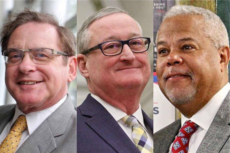 Philadelphia Mayor Jim Kenney, center, is being challenged by former City Controller Alan Butkowitz, left, and state Sen. Anthony Williams, right. (WHYY file)