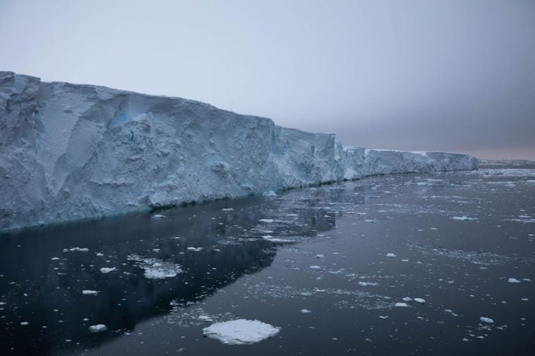 The front face of Thwaites Glacier rises an estimated 60 feet to 75 feet above water in the areas where it is most intact. Roughly 90% of an ice shelf typically sits below the water line. (Carolyn Beeler/The World)