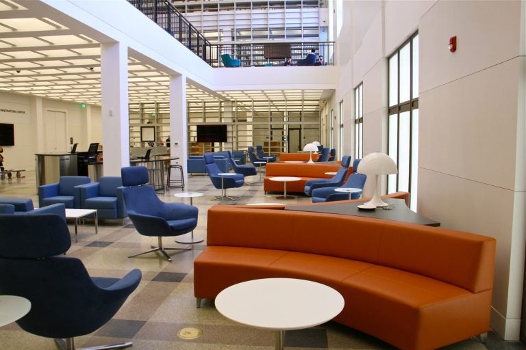 The Business Resource and Innovation Center is below the Heim Center for Cultural and Civic Engagement in the multi-level public space at the Parkway branch of the Free Library of Philadelphia. (Emma Lee/WHYY)