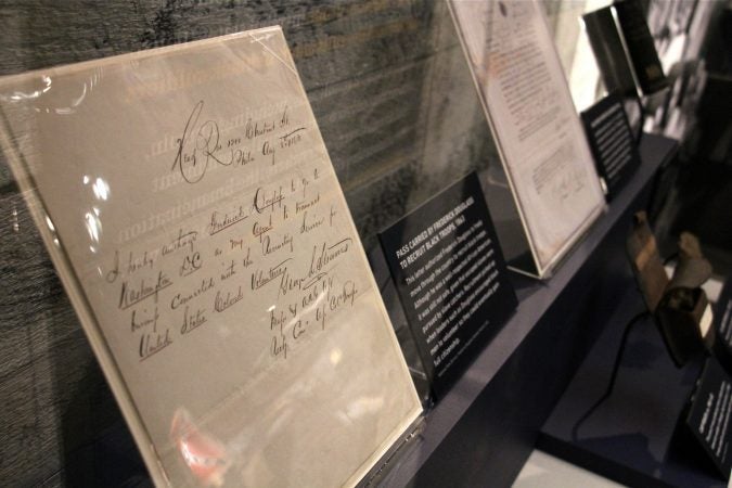 The pass carried by Frederick Douglass as he recruited black troops in 1863 was necessary in order for Douglass to move freely through the country. (Emma Lee/WHYY)