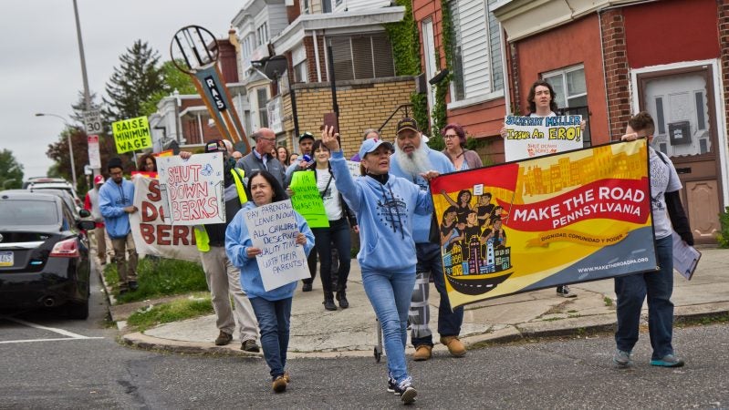 On May Day, about 30 people took to Rising Sun Avenue in the lower Northeast section of Philadelphia in support of workers' rights. (Kimberly Paynter/WHYY)