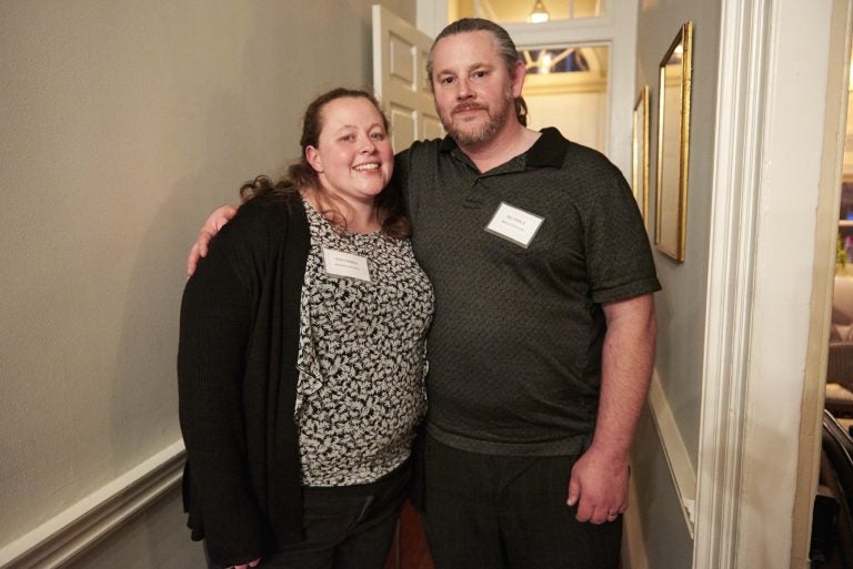 Trish and Bill Kinkle at a recent meeting for supporters of a plan to create a supervised injection site in Philadelphia. (Natalie Piserchio for WHYY)