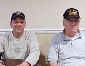 Vice Commander Don Minnick and Walt Davidson of the Jesse Soby American Legion Post 148 in Langhorne, Pa. (Ximena Conde/WHYY)