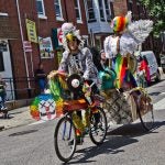 Comic artist Greg Labold, known for his work, “Bald Spot,” won Best Use of Materials at the 2019 Kensington Kinetic Sculpture Derby. (Kimberly Paynter/WHYY)