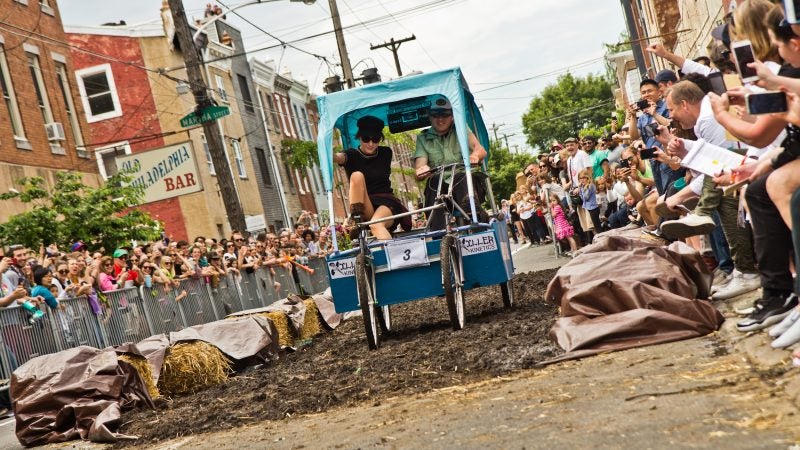 A successful ride through the mud at the 2019 Kensington Kinetic Sculpture Derby. (Kimberly Paynter/WHYY)