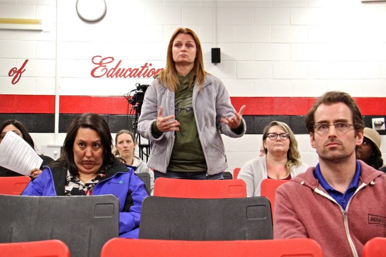 Cinnaminson parent Nicole Weick was one of five parents to express their concerns about teacher Joseph DeShan during a school board meeting on May 14, 2019. DeShan fathered the child of an underage girl 30 years ago when he was a Catholic priest. (Emma Lee/WHYY)