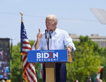 Former Vice President Joe Biden during his presidential kickoff campaign rally at Eakins Oval in Philadelphia, Pa. An estimated 6,000 people were in attendance. (Natalie Piserchio for WHYY)