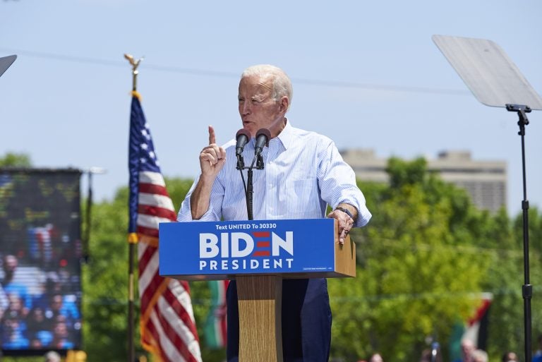 Former Vice President Joe Biden during his presidential kickoff campaign rally at Eakins Oval in Philadelphia, Pa. An estimated 6,000 people were in attendance. (Natalie Piserchio for WHYY)