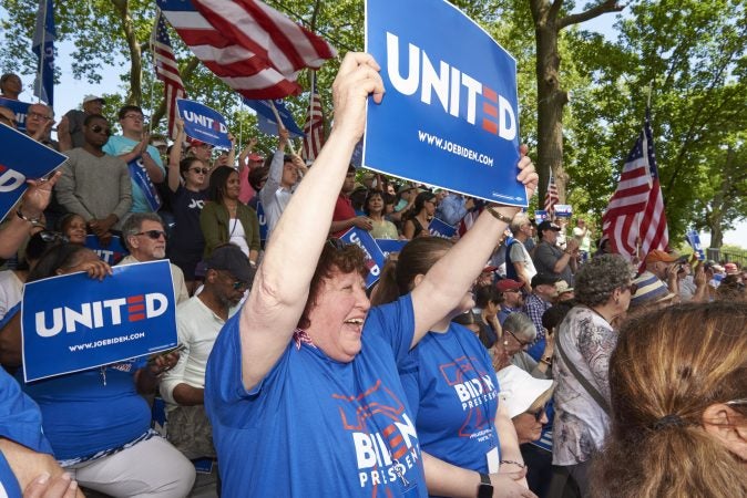 Former Vice President Joe Biden held his presidential kickoff campaign rally at Eakins Oval in Philadelphia, Pa. An estimated 6,000 people attended. (Natalie Piserchio for WHYY)