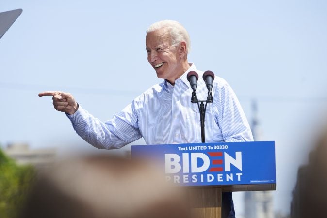 Former Vice President Joe Biden during his presidential kickoff campaign rally at Eakins Oval in Philadelphia, Pa. An estimated 6,000 people were in attendance. (Natalie Piserchio for WHYY)