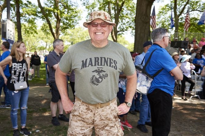 Dennis Pfeil, 72, of South Jersey, attends Former Vice President Joe Biden presidential kickoff campaign rally at Eakins Oval in Philadelphia, Pa. Biden served in the Marines from 1966 to 1970 and thinks that Biden can bring unity to our country. (Natalie Piserchio for WHYY)