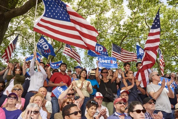 Former Vice President Joe Biden held his kickoff rally in Philadelphia. An estimated 6,000 attendees gathered at Eakins Oval to watch him speak. (Natalie Piserchio for WHYY)