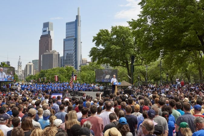 Former Vice President Joe Biden during his presidential kickoff campaign rally at Eakins Oval in Philadelphia, Pa. An estimated 6,000 people were in attendance. (Natalie Piserchio for WHYY)