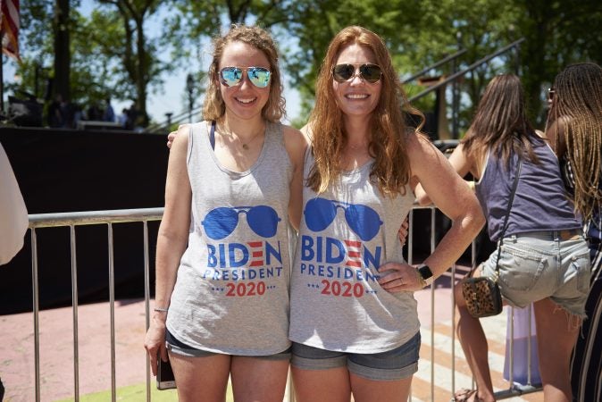 Leah Heyel and Sara Chandler, both of Wilmington, Del., attend Former Vice President Joe Biden presidential kickoff campaign rally at Eakins Oval in Philadelphia, Pa. They both think that Joe Biden is the country's best option in order to bring back our moral compass. (Natalie Piserchio for WHYY)