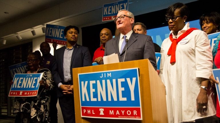 Philadelphia Mayor Jim Kenney thanks his supporters on stage Tuesday evening after winning the 2019 Democratic primary. (Kimberly Paynter/WHYY)