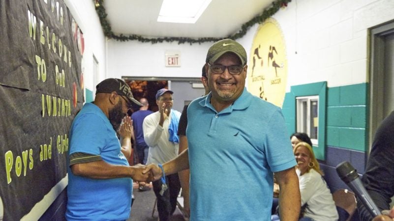 Pennsylvania state Rep. Angel Cruz is surrounded by supporters at the Juniata Park Boys and Girls Club after the 2019 Philadelphia primary election results come in. (Natalie Piserchio for WHYY)