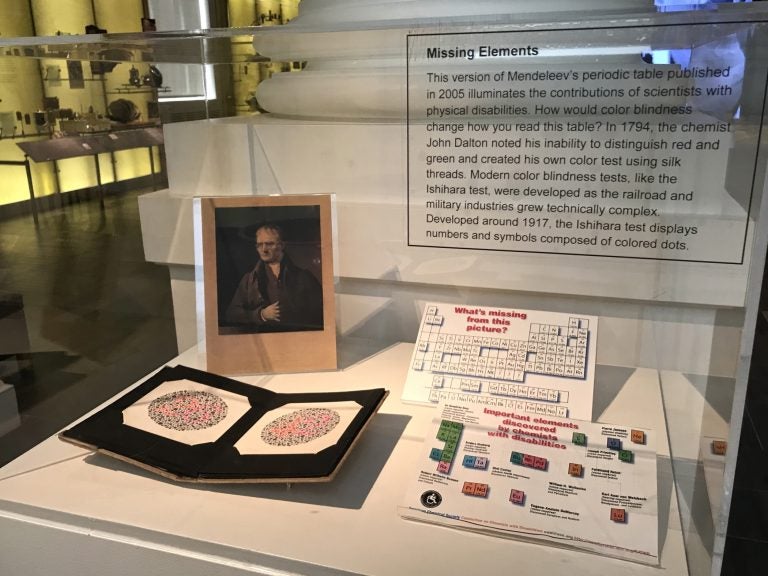An exhibit at the Science History Institute highlights the accomplishments of scientists with disabilities. The chemist John Dalton, pictured below, noticed his inability to distinguish between red and green and created a color blindness test. (Steph Yin/WHYY)