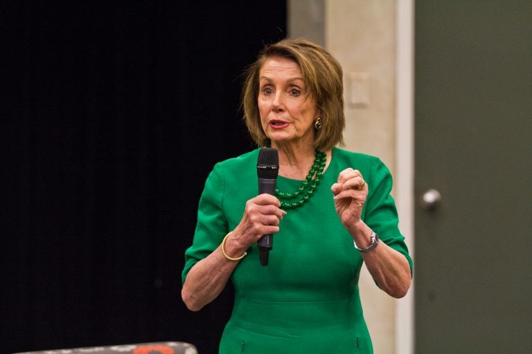 Speaker of the House Nancy Pelosi speaks at an education forum at Delaware Valley Community College Friday morning. (Kimberly Paynter/WHYY)