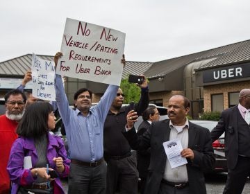 Drivers for the ride sharing apps Lyft and Uber protest outside Uber’s Philadelphia headquarters on the afternoon of May 8, 2019.