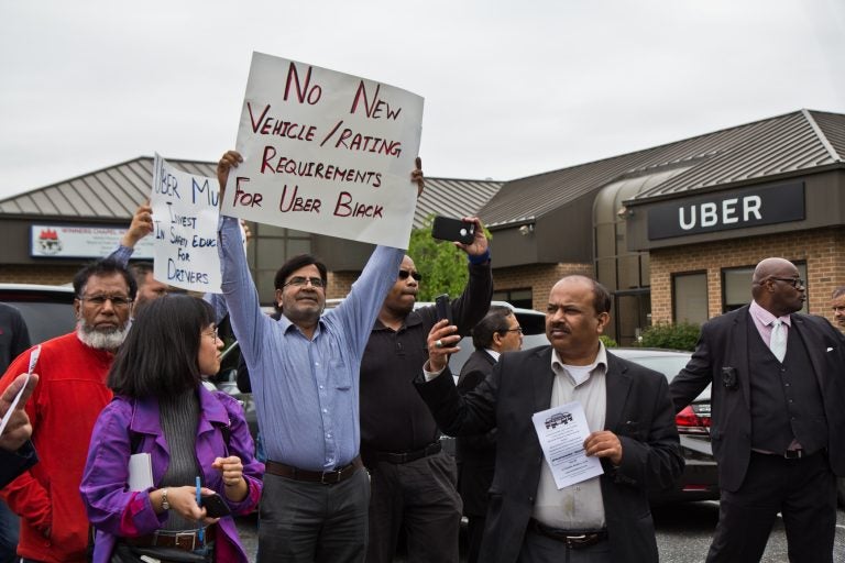 Drivers for the ride sharing apps Lyft and Uber protest outside Uber’s Philadelphia headquarters on the afternoon of May 8, 2019.