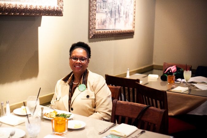 Court of Common Pleas candidate Cateria McCabe is pictured at Relish Tuesday afternoon during the 2019 primary election. (Brad Larrison for WHYY)