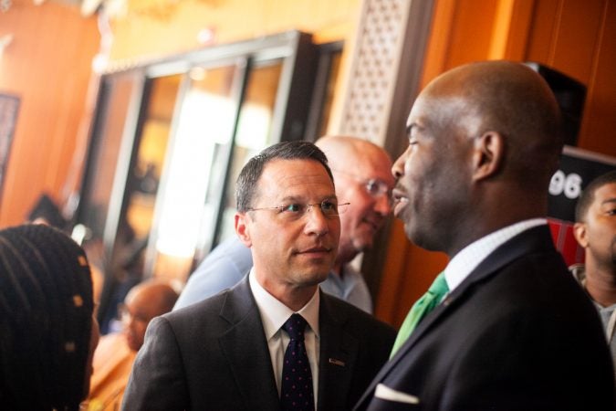 Pennsylvania Attorney General Josh Shapiro is pictured at Relish Tuesday afternoon during the 2019 primary election. (Brad Larrison for WHYY)