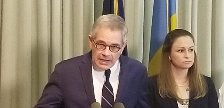 Philadelphia District Attorney Larry Krasner announces that police now have leads in more than 65 sex assault cases. (Tom MacDonald/WHYY)