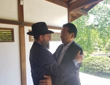 Rabbi Yossey Goldman and Nobuki Sugihara at Shofuso at the Japanese House in Philadelphia’s Fairmount Park (Peter Crimmins/WHYY)