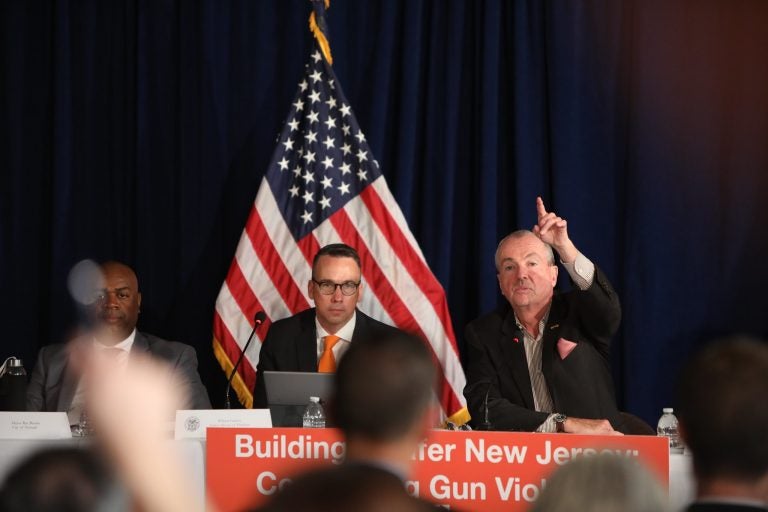 New Jersey Governor Phil Murphy, Lt. Gov. Sheila Oliver, and mayors from across the state discuss gun violence prevention on May 28, 2019 in Trenton. (Edwin J. Torres/ Governor's Office)