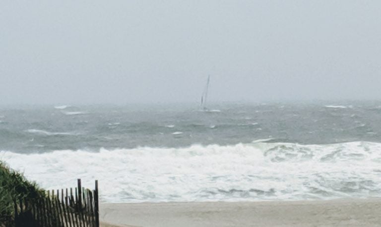 A sailboat appeared to be in distress off the Bradley Beach, New Jersey shoreline late Sunday morning. (Courtesy of Bud McCormick)