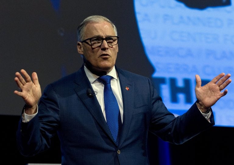 Democratic presidential candidate Washington Gov. Jay Inslee, speaks during the We the People Membership Summit, featuring the 2020 Democratic presidential candidates, at the Warner Theater, in Washington, Monday, April 1, 2019. (Jose Luis Magana/AP Photo)