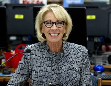 In this May 31, 2018, file photo, Education Secretary Betsy DeVos speaks during a visit of the Federal School Safety Commission at Hebron Harman Elementary School in Hanover, Md. Education, it’s safe to say, is not President Donald Trump’s top priority. Instead, he entrusts that realm to Education Secretary Betsy DeVos, who after two years has emerged as one of the most polarizing figures in the Cabinet but also one of its most enduring members. (Jose Luis Magana/AP Photo)