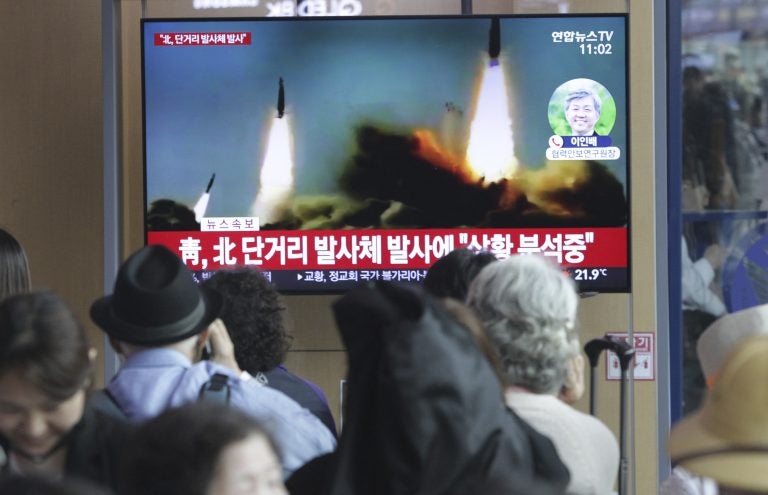 People watch a TV showing a file footage of North Korea's missile launch during a news program at the Seoul Railway Station in Seoul, South Korea, Saturday, May 4, 2019. North Korea on Saturday fired several unidentified short-range projectiles into the sea off its eastern coast, the South Korean Joint Chiefs of Staff said. (Ahn Young-joon/AP Photo)